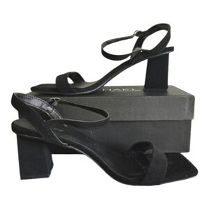 Bamboo Women's Black Suede Sandal Shoes Chunky Block Square Heel Ankle Strap 11